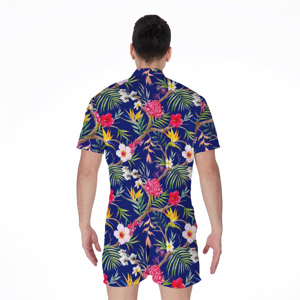 Watercolor Tropical Flower Pattern Print Men's Rompers