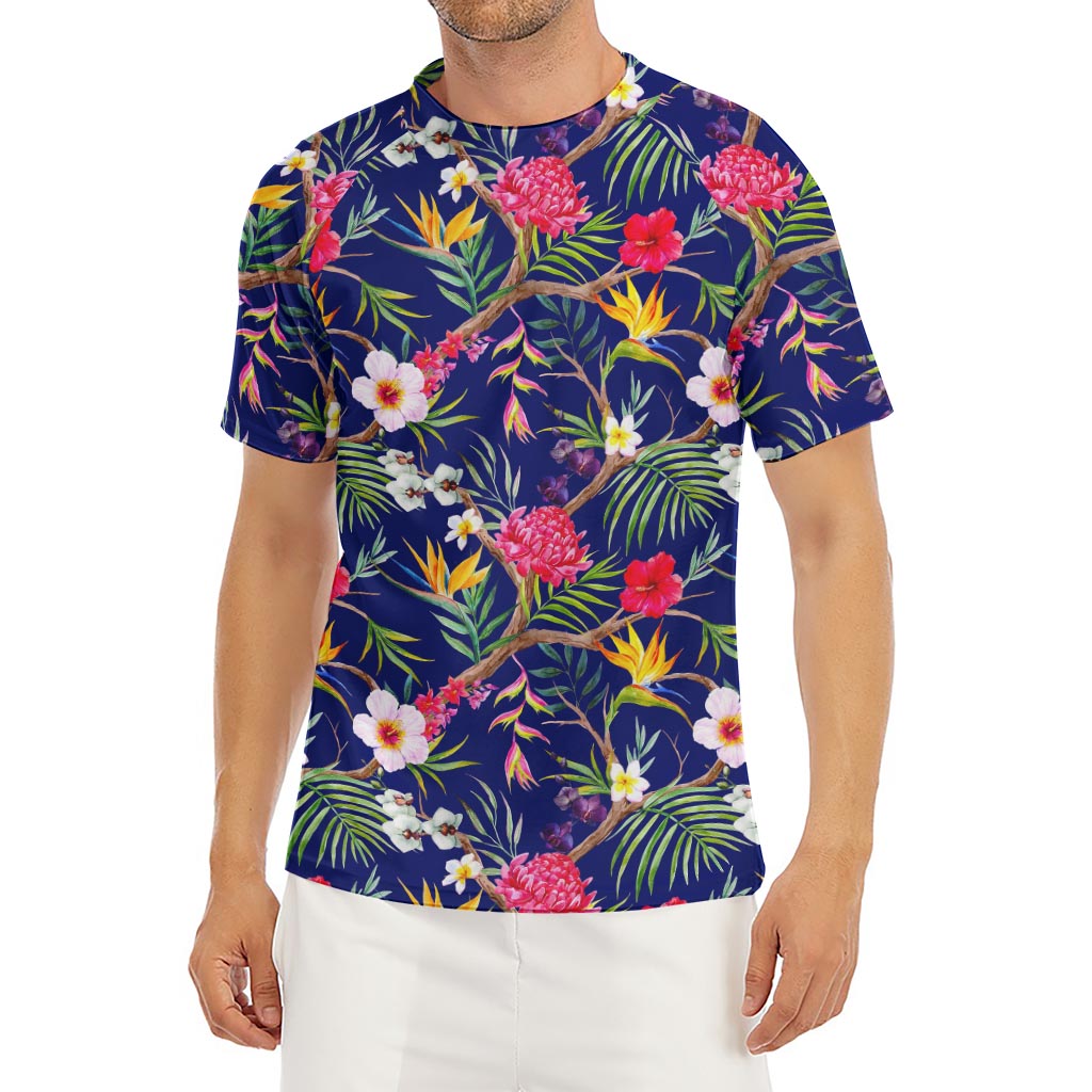 Watercolor Tropical Flower Pattern Print Men's Short Sleeve Rash Guard