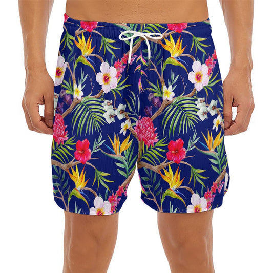 Watercolor Tropical Flower Pattern Print Men's Split Running Shorts