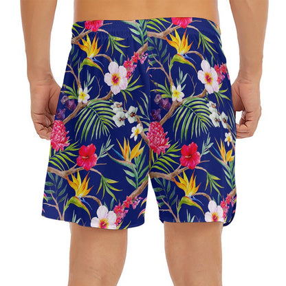 Watercolor Tropical Flower Pattern Print Men's Split Running Shorts