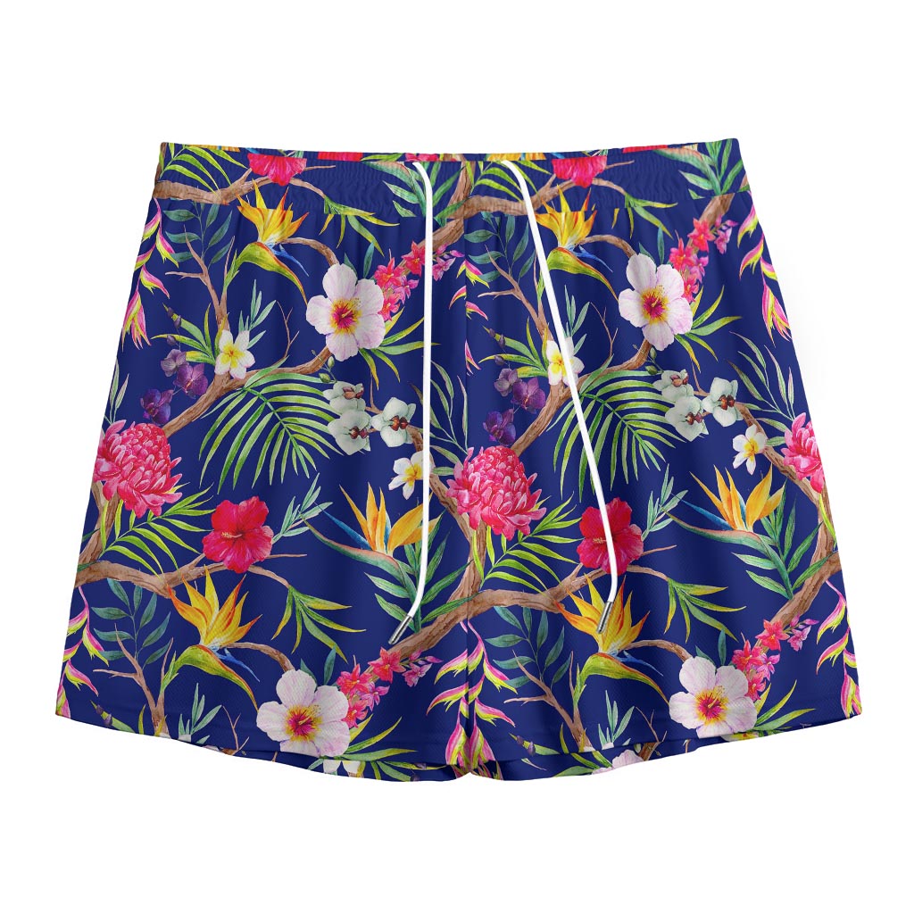 Watercolor Tropical Flower Pattern Print Mesh Shorts