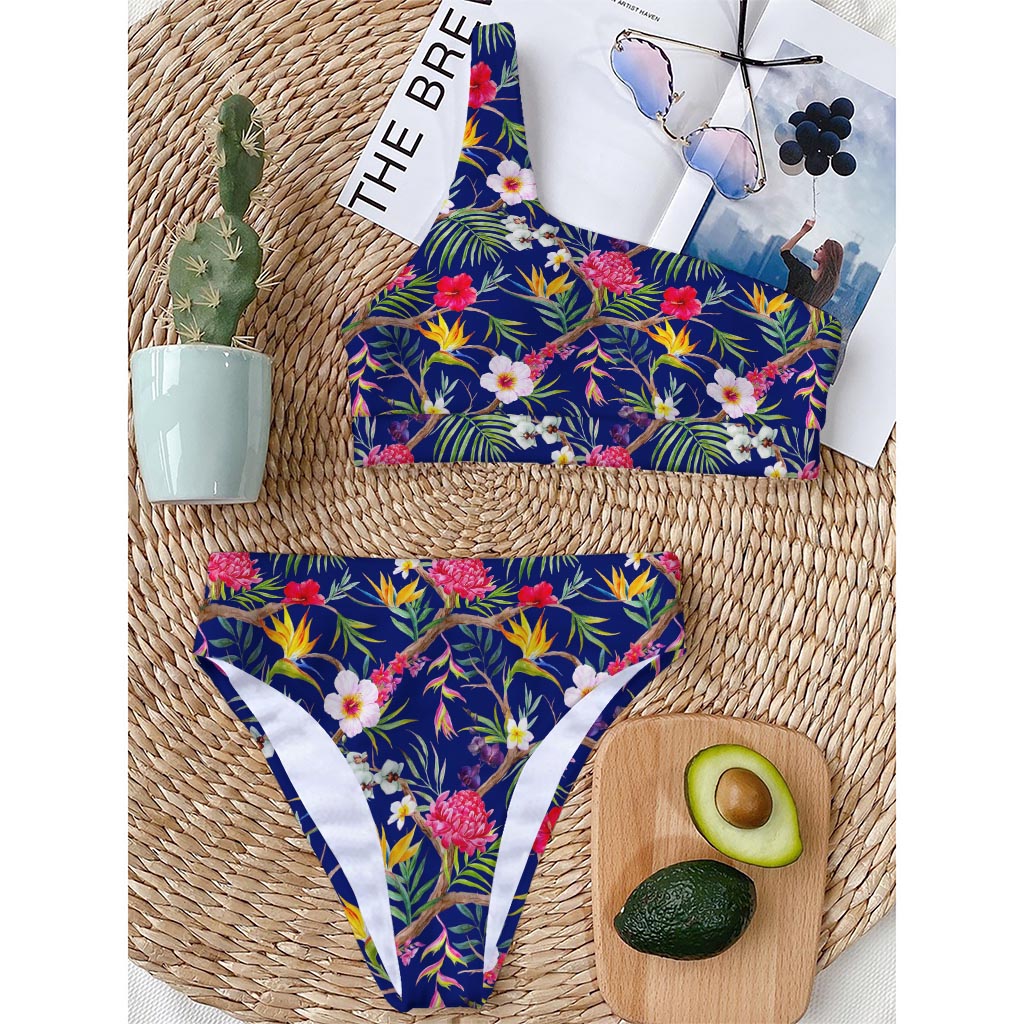 Watercolor Tropical Flower Pattern Print One Shoulder Bikini Top