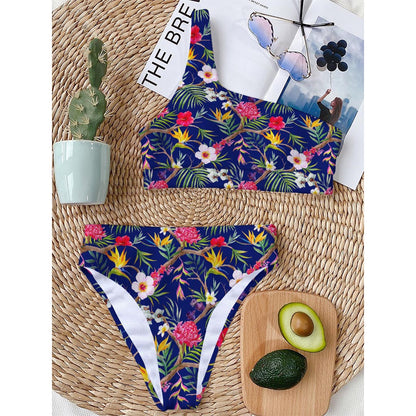 Watercolor Tropical Flower Pattern Print One Shoulder Bikini Top