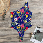 Watercolor Tropical Flower Pattern Print One Shoulder Bodysuit