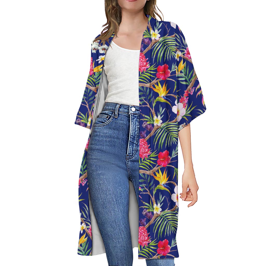 Watercolor Tropical Flower Pattern Print Open Front Beach Cover Up