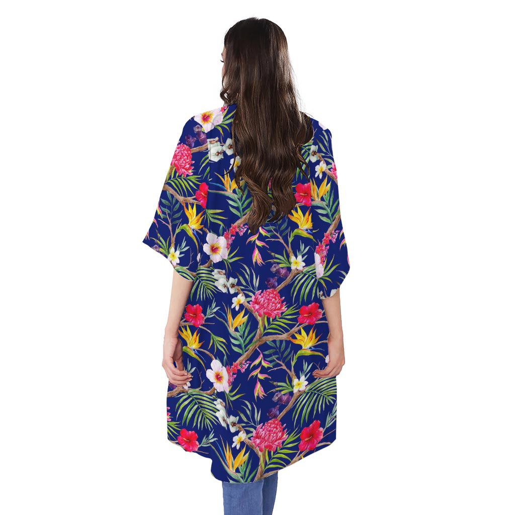 Watercolor Tropical Flower Pattern Print Open Front Beach Cover Up