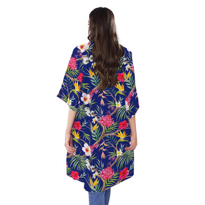 Watercolor Tropical Flower Pattern Print Open Front Beach Cover Up