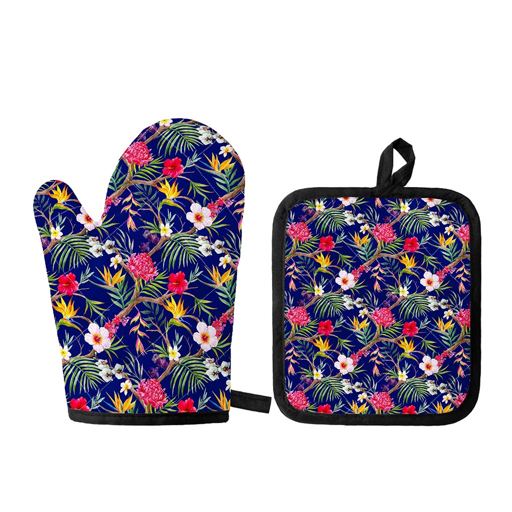 Watercolor Tropical Flower Pattern Print Oven Mitt And Pot Holder Set
