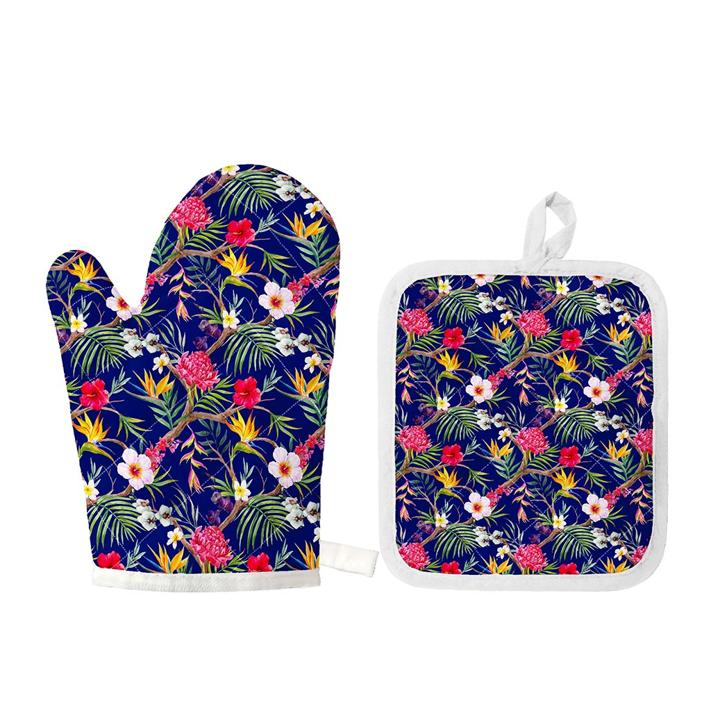 Watercolor Tropical Flower Pattern Print Oven Mitt And Pot Holder Set