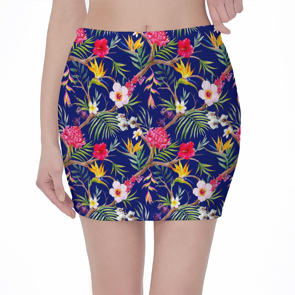 Watercolor Tropical Flower Pattern Print Pencil Mini Skirt