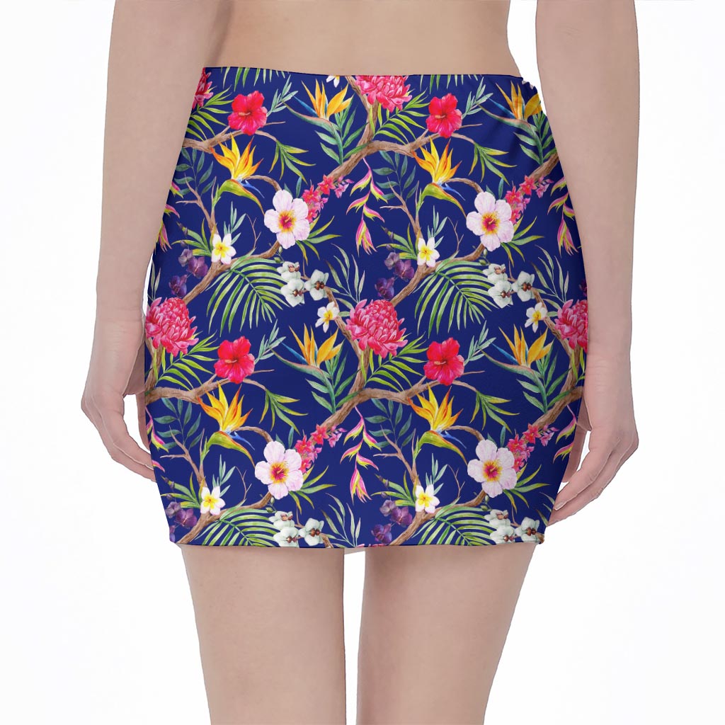 Watercolor Tropical Flower Pattern Print Pencil Mini Skirt