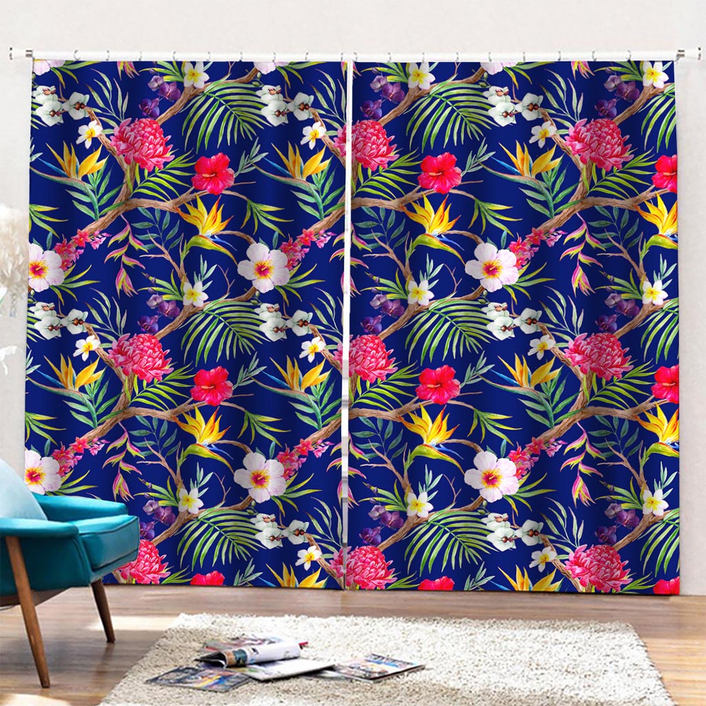 Watercolor Tropical Flower Pattern Print Pencil Pleat Curtains