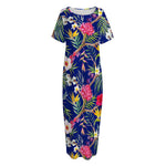 Watercolor Tropical Flower Pattern Print Short Sleeve Long Nightdress