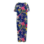 Watercolor Tropical Flower Pattern Print Short Sleeve Long Nightdress