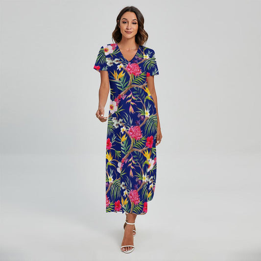 Watercolor Tropical Flower Pattern Print Short Sleeve Maxi Dress