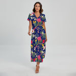 Watercolor Tropical Flower Pattern Print Short Sleeve Maxi Dress