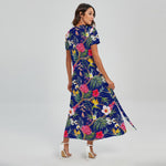 Watercolor Tropical Flower Pattern Print Short Sleeve Maxi Dress
