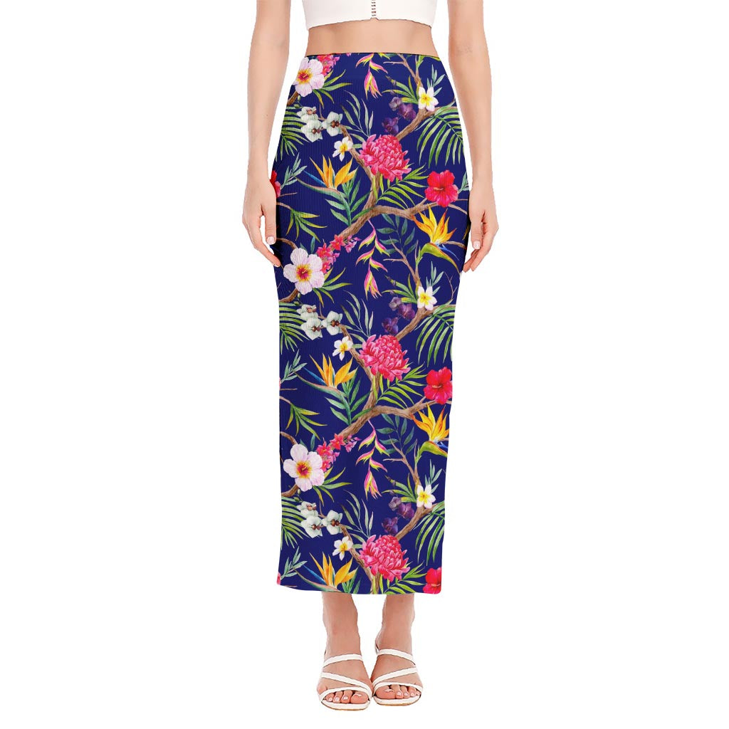 Watercolor Tropical Flower Pattern Print Side Slit Maxi Skirt