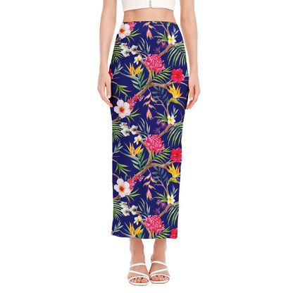 Watercolor Tropical Flower Pattern Print Side Slit Maxi Skirt