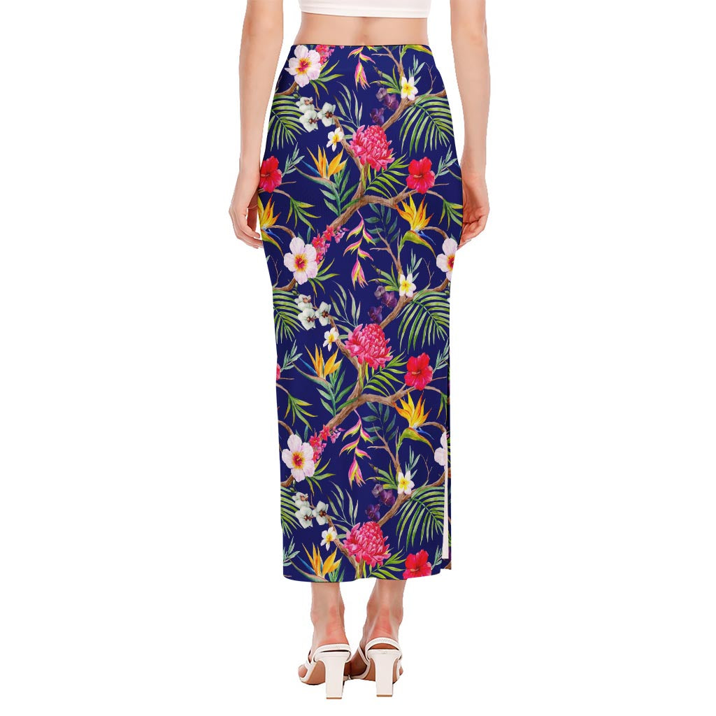 Watercolor Tropical Flower Pattern Print Side Slit Maxi Skirt