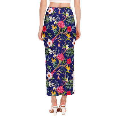Watercolor Tropical Flower Pattern Print Side Slit Maxi Skirt