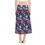 Watercolor Tropical Flower Pattern Print Side Slit Midi Skirt