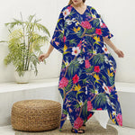 Watercolor Tropical Flower Pattern Print Silk V-Neck Kaftan Dress
