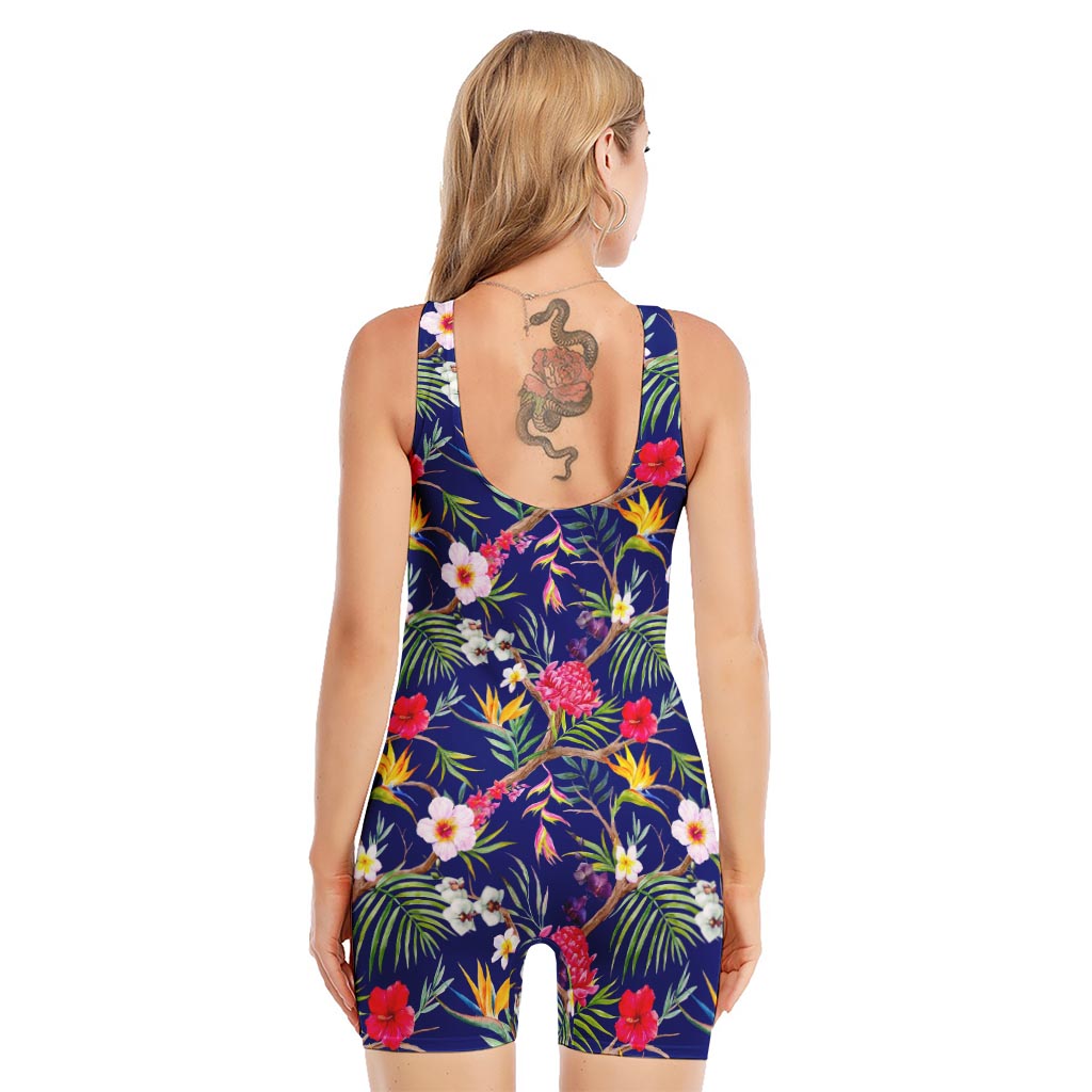 Watercolor Tropical Flower Pattern Print Sleeveless One Piece Swimsuit