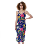 Watercolor Tropical Flower Pattern Print Slim Fit Midi Cami Dress