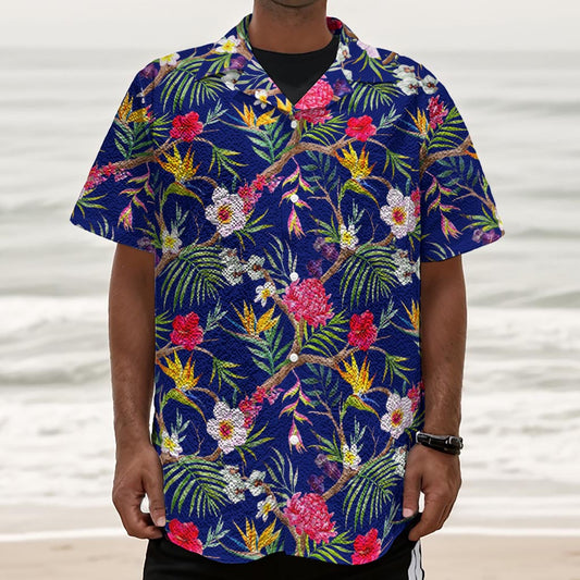 Watercolor Tropical Flower Pattern Print Textured Short Sleeve Shirt