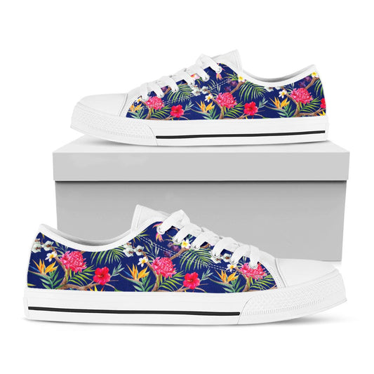 Watercolor Tropical Flower Pattern Print White Low Top Sneakers