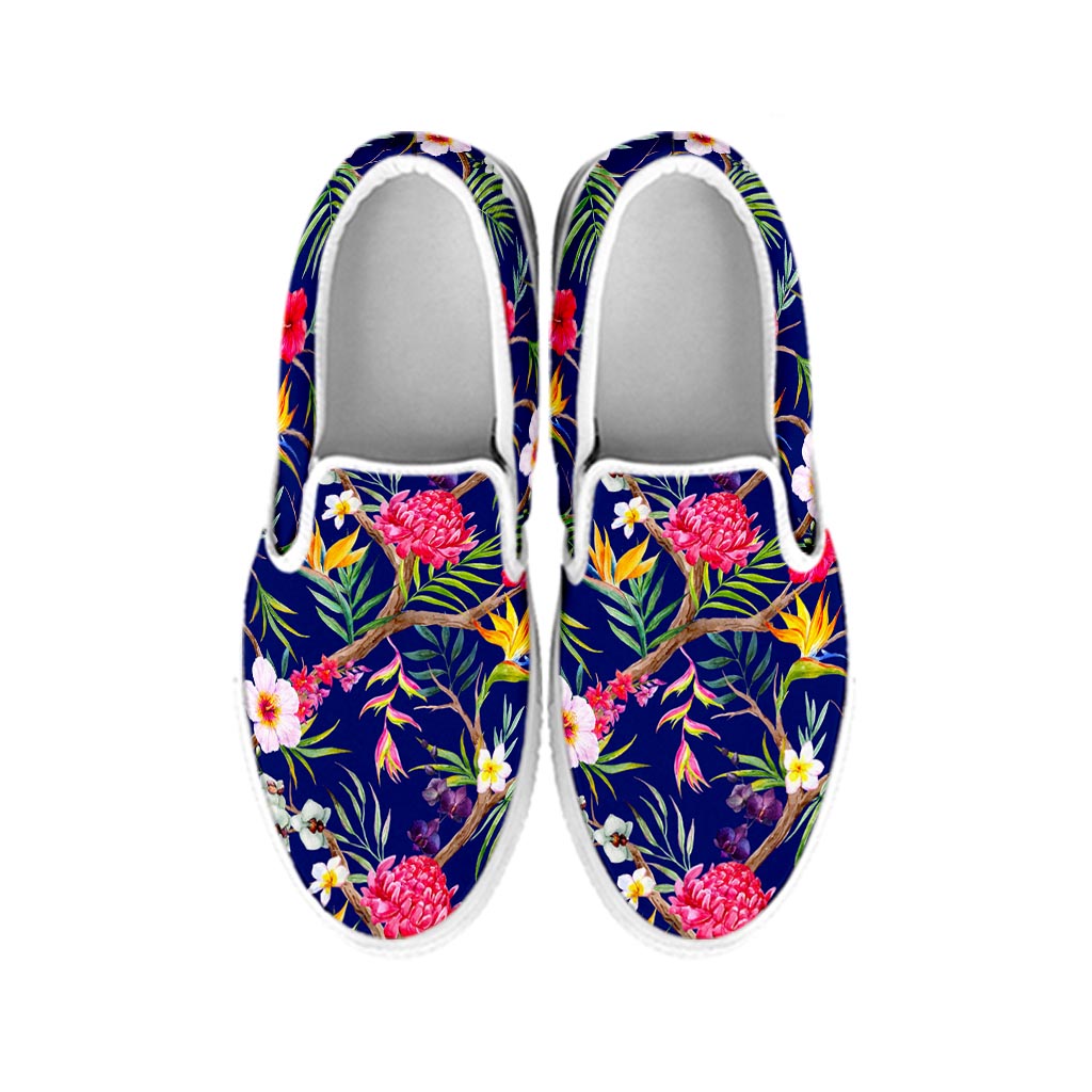 Watercolor Tropical Flower Pattern Print White Slip On Sneakers