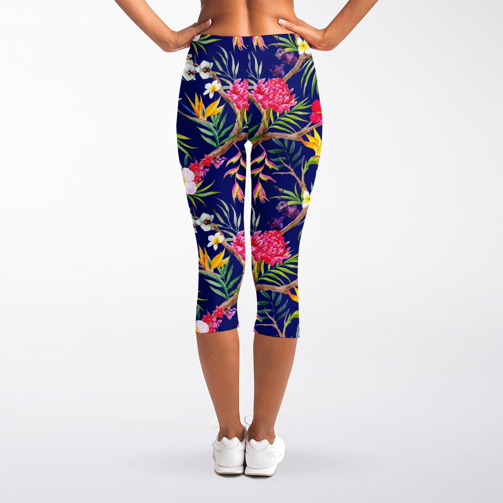 Watercolor Tropical Flower Pattern Print Women's Capri Leggings