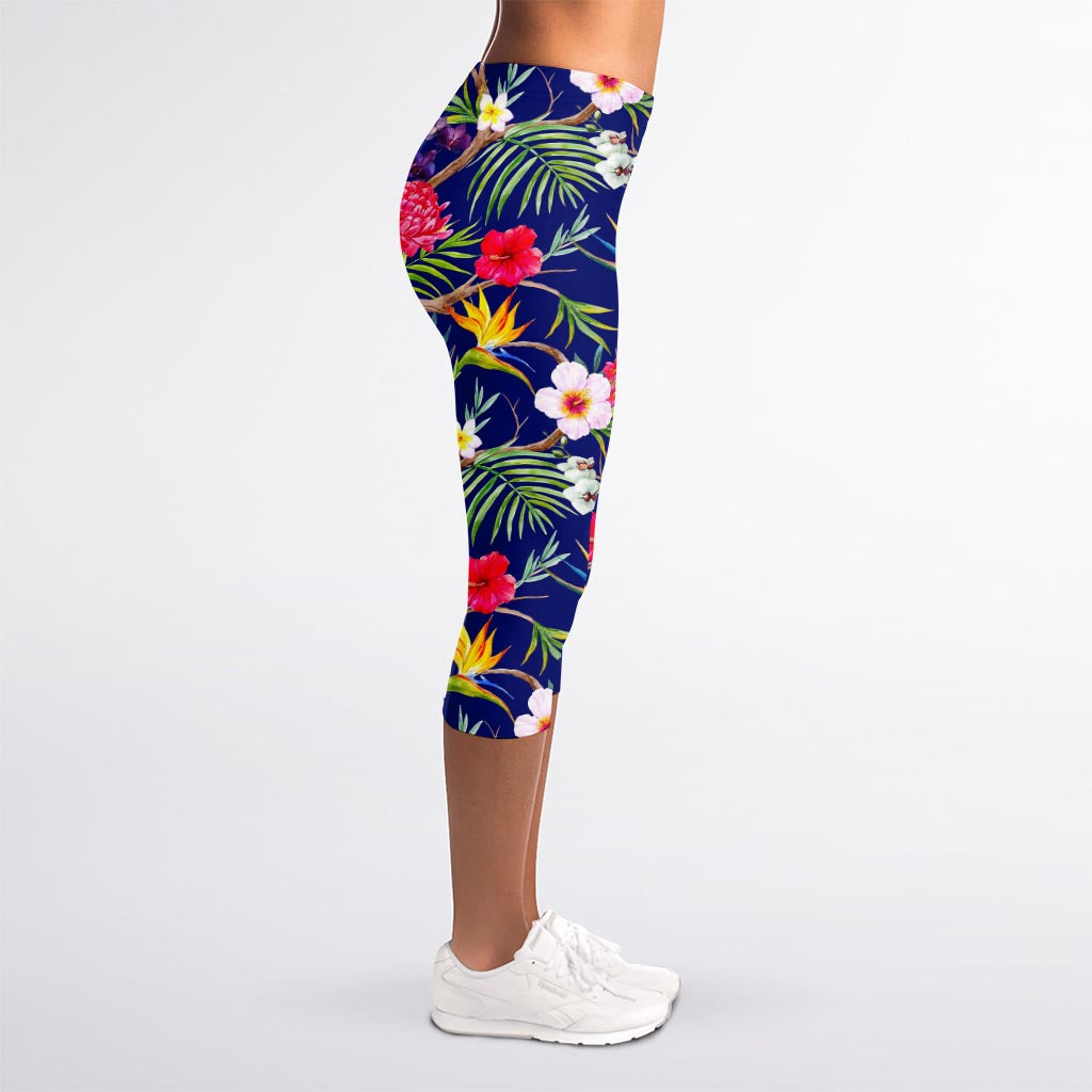 Watercolor Tropical Flower Pattern Print Women's Capri Leggings