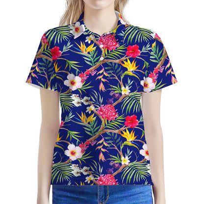 Watercolor Tropical Flower Pattern Print Women's Polo Shirt