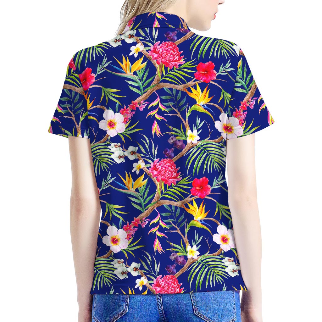 Watercolor Tropical Flower Pattern Print Women's Polo Shirt