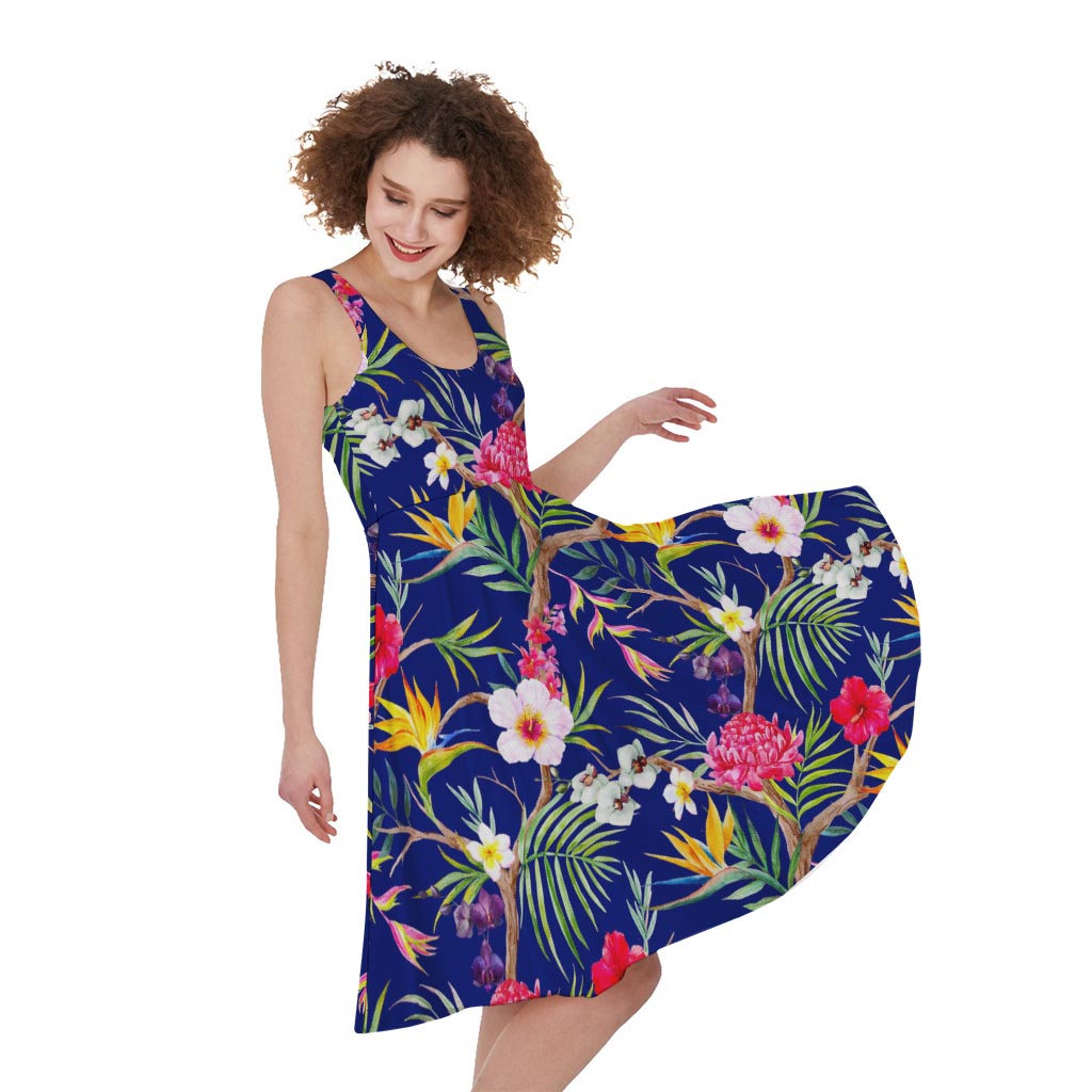 Watercolor Tropical Flower Pattern Print Women's Sleeveless Dress
