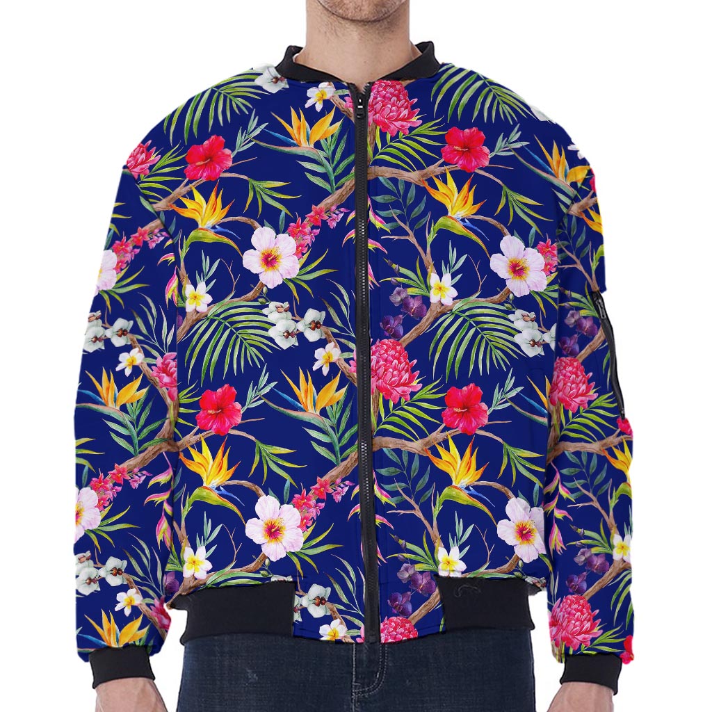 Watercolor Tropical Flower Pattern Print Zip Sleeve Bomber Jacket