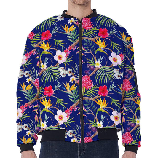 Watercolor Tropical Flower Pattern Print Zip Sleeve Bomber Jacket