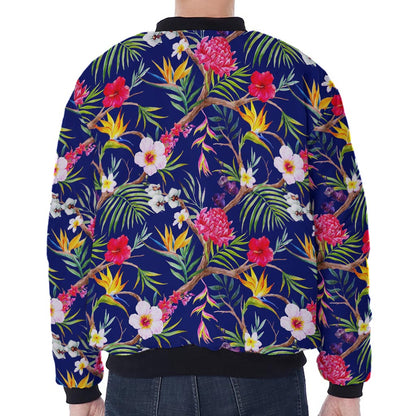 Watercolor Tropical Flower Pattern Print Zip Sleeve Bomber Jacket