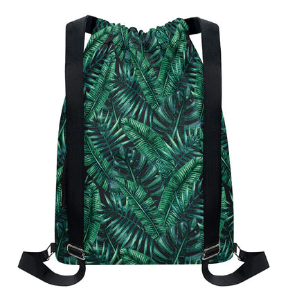 Watercolor Tropical Leaf Pattern Print Drawstring Backpack