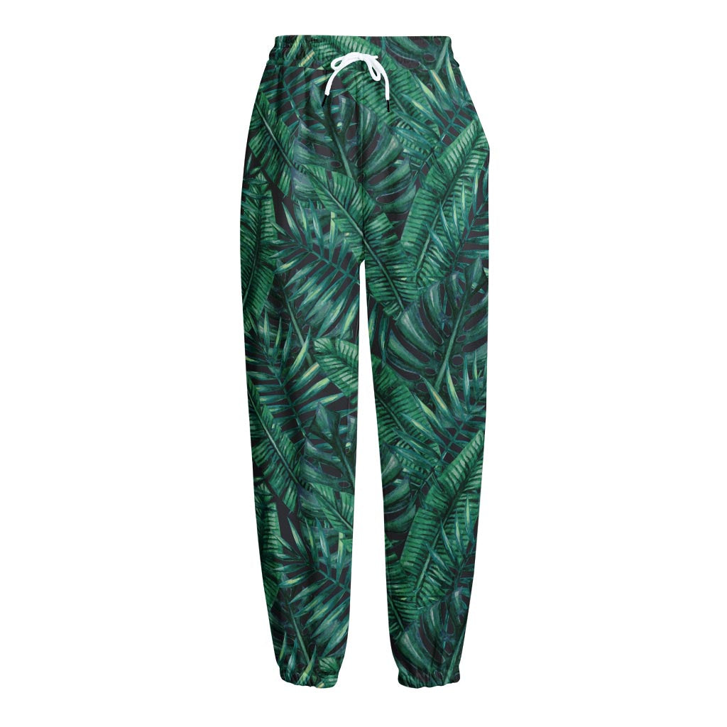 Watercolor Tropical Leaf Pattern Print Fleece Lined Knit Pants