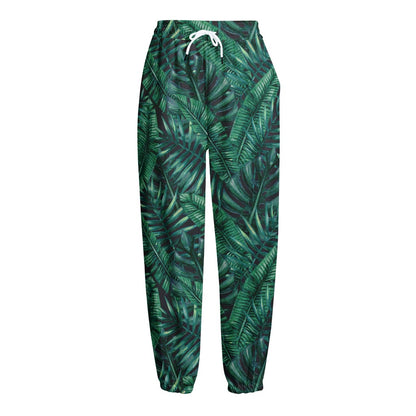Watercolor Tropical Leaf Pattern Print Fleece Lined Knit Pants