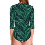 Watercolor Tropical Leaf Pattern Print Long Sleeve Swimsuit