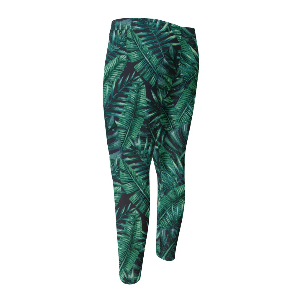 Watercolor Tropical Leaf Pattern Print Men's Compression Pants