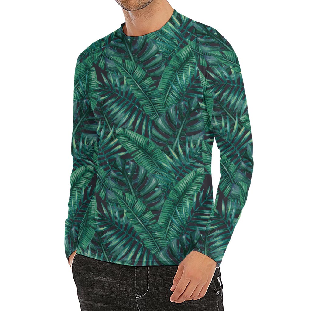 Watercolor Tropical Leaf Pattern Print Men's Long Sleeve Rash Guard