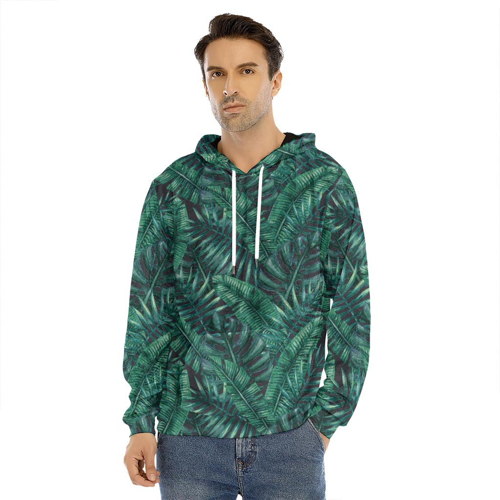 Watercolor Tropical Leaf Pattern Print Men's Velvet Pullover Hoodie