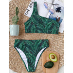 Watercolor Tropical Leaf Pattern Print One Shoulder Bikini Top