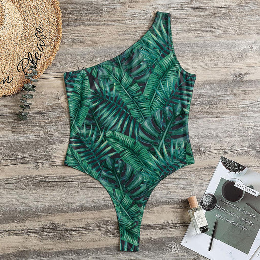 Watercolor Tropical Leaf Pattern Print One Shoulder Bodysuit