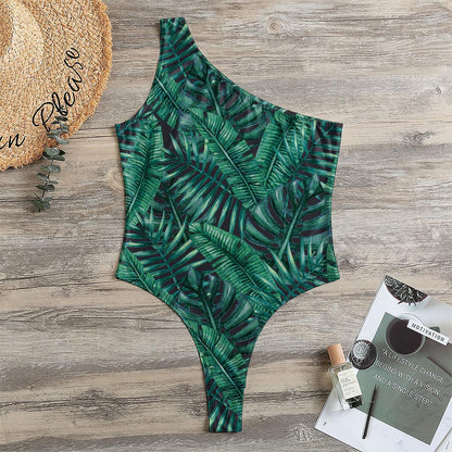 Watercolor Tropical Leaf Pattern Print One Shoulder Bodysuit